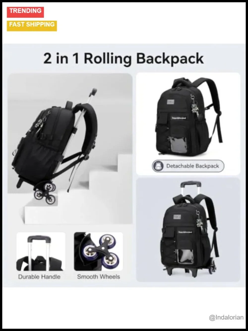 Rolling Backpack with Wheels for Kids, Lightweight Carry-On Trolley Bag, School